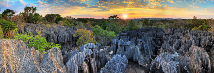 Beautiful 180 degree HDR panorama of the unique geography at the Tsingy de Bemaraha Strict Nature Reserve in Madagascar