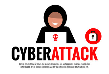 Cyber Attack concept. Hacker with laptop. Flat character design. vector illustration