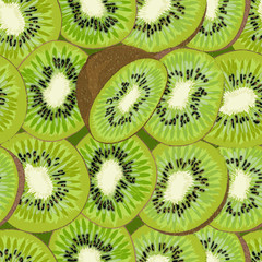 Fototapeta premium Hand-drawn seamless background with kiwi fruit, single, peeled and sliced, realistic drawing,