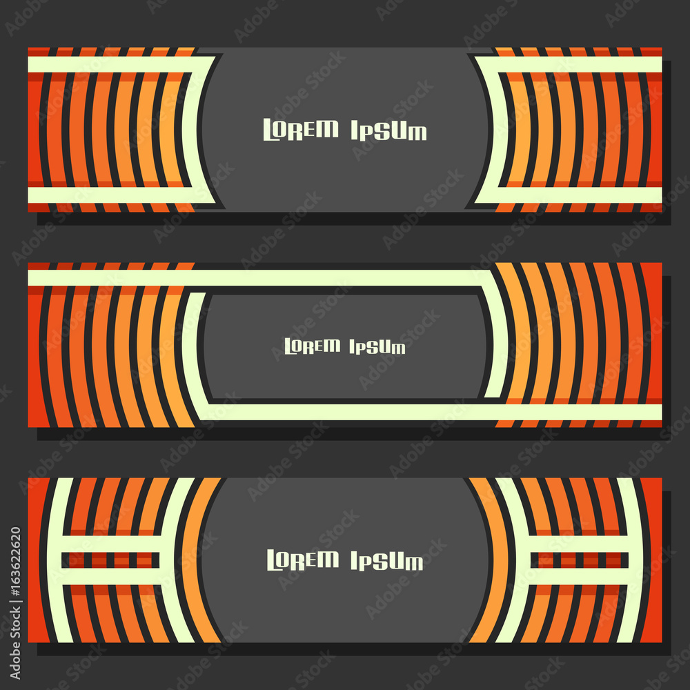 Poster vector set of banner templates: 3 orange futuristic headers with curve element on grey background, t