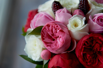 Wedding Bridal bouquet in red, pink, white. Wedding flowers, wedding items and accessories