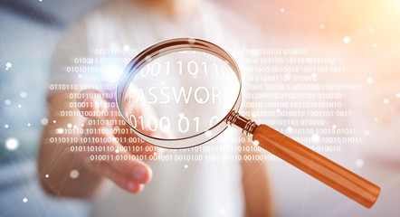 Hacker using digital magnifying glass to find password 3D rendering
