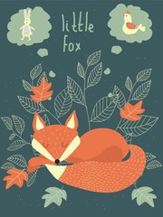 Vector cartoon illustration of a sleepy little fox. Fox dream . Vintage. Doodle.