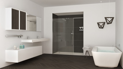 Fototapeta na wymiar Minimalist bright bathroom with double sink, shower and bathtub, white and gray interior design