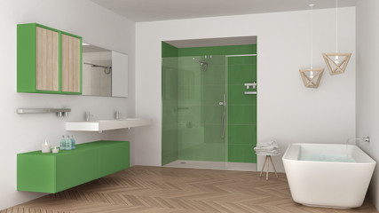 Obraz na płótnie Canvas Minimalist bright bathroom with double sink, shower and bathtub, white and green interior design