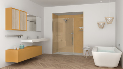 Fototapeta na wymiar Minimalist bright bathroom with double sink, shower and bathtub, white and yellow interior design