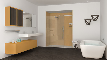 Fototapeta na wymiar Minimalist bright bathroom with double sink, shower and bathtub, white and yellow interior design