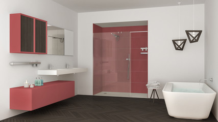 Fototapeta na wymiar Minimalist bright bathroom with double sink, shower and bathtub, white and red interior design