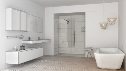 Naklejka na ściany i meble Unfinished project of minimalist bright bathroom with double sink, shower and bathtub, sketch abstract interior design
