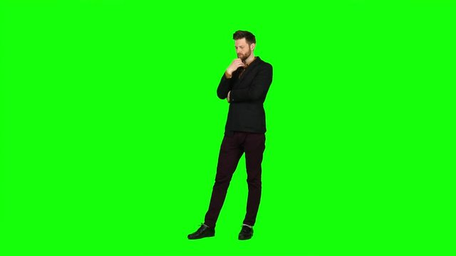 Guy is very tired and thoughtful, reflects on life. Green screen