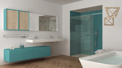 Fototapeta na wymiar Minimalist bright bathroom with double sink, shower and bathtub, white and turquoise interior design