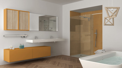 Minimalist bright bathroom with double sink, shower and bathtub, white and yellow interior design