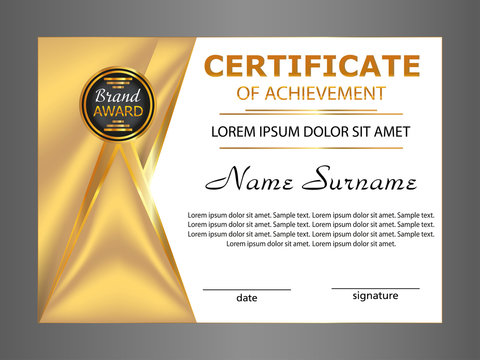 Design certificate of  achievement, diploma. Golden horizontal template. Vector