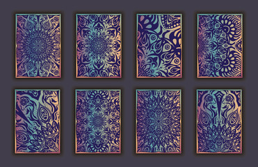 Card set with floral lace decorative mandala elements background. Asian Indian oriental ornate banners - 163625858