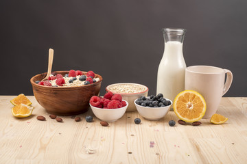 Healthy breakfast ingredients on wood table, Healthy food concept