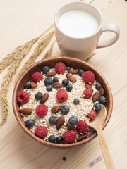 Healthy breakfast ingredients on wood table, Healthy food concept