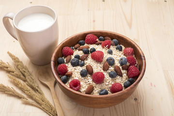 Healthy breakfast ingredients on wood table, Healthy food concept