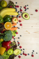 Vegetables and fruits on wood table ,Healthy food concept