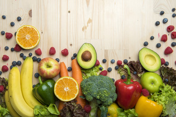 Vegetables and fruits on wood table ,Healthy food concept