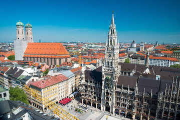 Fototapeta premium Aerial view on Marienplatz town hall and Frauenkirche in Munich, Germany
