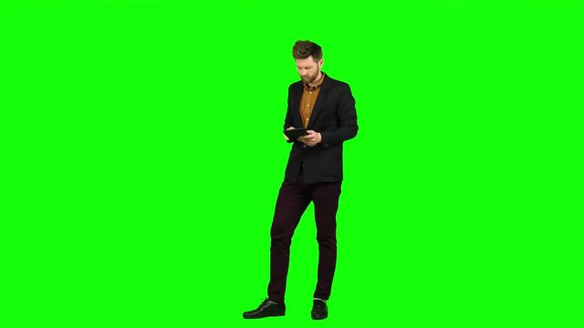 Guy considers the profit on the calculator and he is bankrupt. Green screen