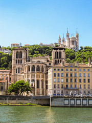 Lyon cityscape with Lyon Cathedral and the Basilica of Notre-Dame de Fourvière in the background