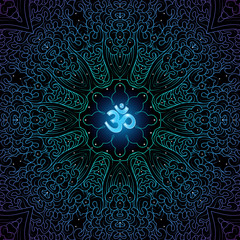 Sacred symbol Om decorated divinely pattern, mandala on black background, psychedelic trance style, vector