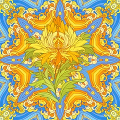 Papier peint Tuiles marocaines mandala psychédélique lumineux et magnifique lotus tibétain au centre, image vectorielle