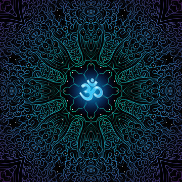 Sacred symbol Om decorated divinely pattern, mandala on black background, psychedelic trance style, vector