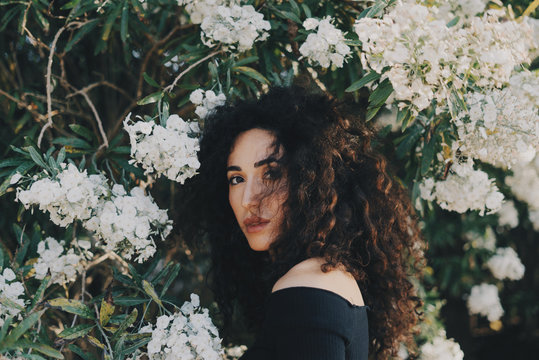 Attractive Caucasian Female With Long Dark Curly Hair Is Looking At The Camera While Standing Amidst The White Flowers. A Model Look Woman In A Black Summer Dress Is Relaxing Outdoors  On A Sunny Day.
