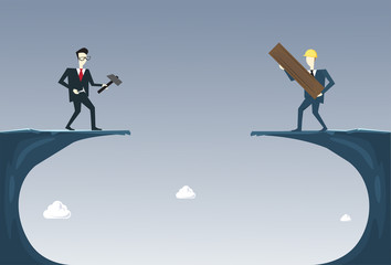 Fototapeta premium Business People Building Bridge Over Cliff Gap Partner Support Businesspeople Cooperation Concept Flat Vector Illustration
