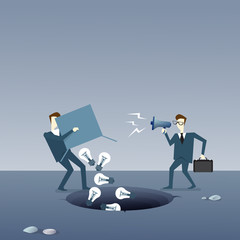 Business Man Throwing Light Bulbs In Hole, Idea Crisis Concept Flat Vector Illustration
