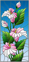 Illustration in stained glass style with flowers, buds and leaves of  Calla flower