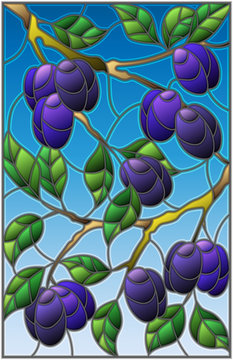 Illustration in the style of a stained glass window with the branches of plum  tree , the  branches, leaves and fruits against the sky