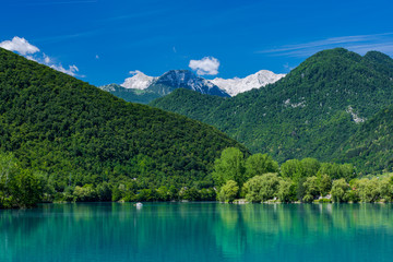 Fototapeta na wymiar Julian Alps and Most na Soci Lake, Slovenia