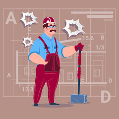 Cartoon Builder Holding Big Hammer Construction Worker Over Abstract Plan Background Male Workman Flat Vector Illustration