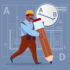 Cartoon African American Builder Hold Big Pencil Creating New Blueprint Architect Wearing Uniform And Helmet Construction Worker Flat Vector Illustration