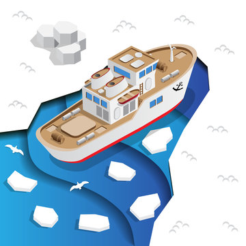 Ship in the sea ice. Isometric. Vector illustration.