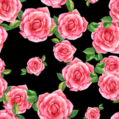 Seamless pattern with pink watercolor roses on black