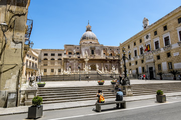 The view of the fountain in Piazza Pretoria in Palermo . Sicily