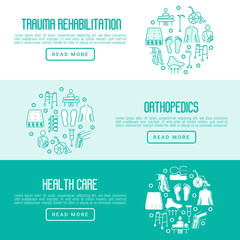 Orthopedic and trauma rehabilitation concept with thin line icons for web page or banner of clinics and medical centers. Vector illustration.