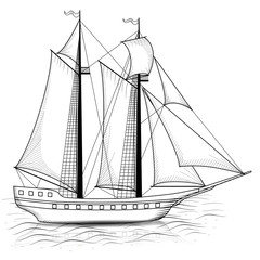 vintage ship with sails and reflection