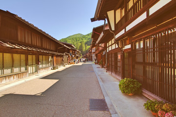 Fototapeta na wymiar NARAI , JAPAN - JUNE 4, 2017: People are walking at Narai is a small town in Nagano Prefecture ,The old town provided a pleasant walk through about a kilometre of well preserved buildings.