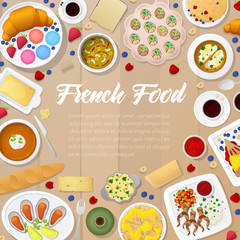 French Cuisine Menu Template with Soups, Bakery and Cheese. Traditional Food France. Vector illustration