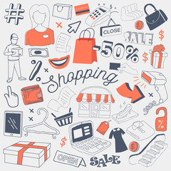 Shopping Sale Freehand Doodle with Clothes, Accessories and Money. Summer Discount Hand Drawn Elements Set. Vector illustration