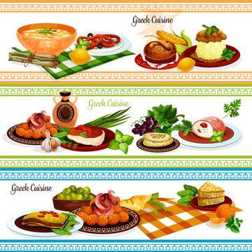 Greek cuisine traditional food banner set design