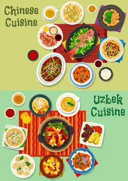 Chinese and uzbek cuisine asian dinner icon set