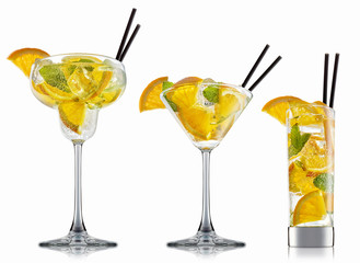 fresh fruit alcohol cocktail or mocktail in classic glass with ice cubes, orange and mint isolated on white background