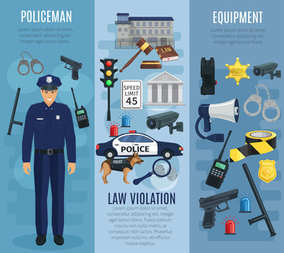 Policeman with equipment, law violation banner set