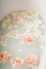White bath with milk and rose petals. Relaxation and harmony
